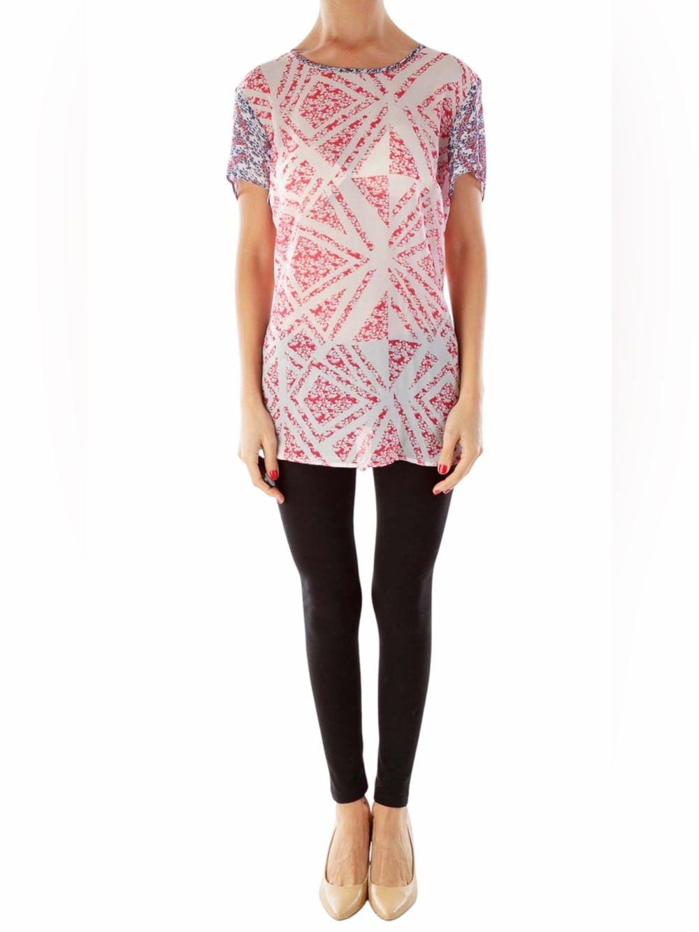 CAbi – Coquette Tee #732 – Geometric Floral Tunic Top – Red White Blue – Sz. M